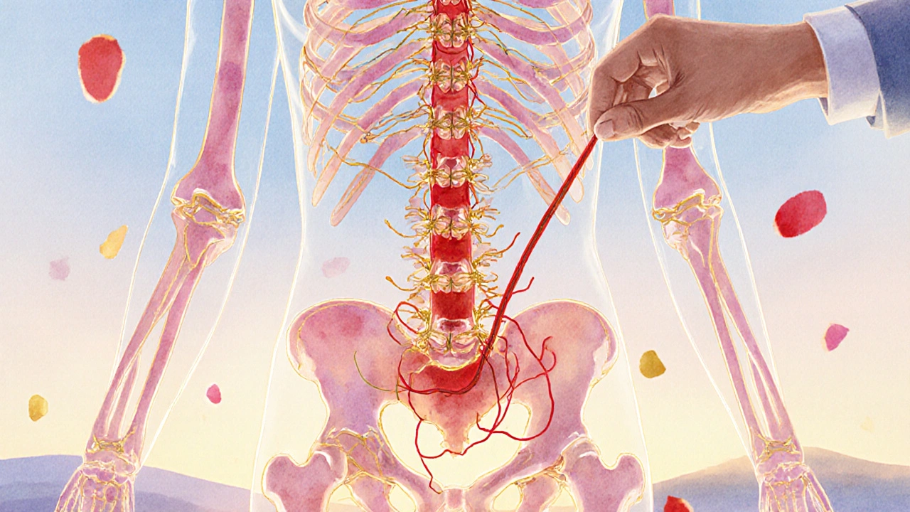Abstraktní ilustrace lidského těla s propojenými tkanivovými řetězy, které se uvolňují pod jemným dotykem.