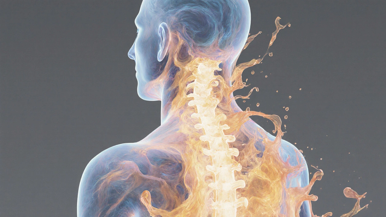 Abstraktní obraz lidského těla, které se uvolňuje do teplých světelných vln, symbolizujících klid a obnovu.