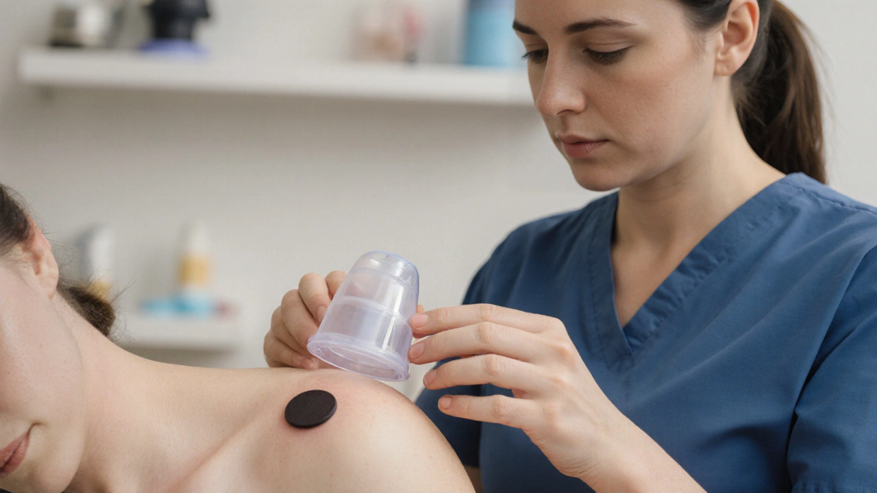 Fyzioterapeut odstraňuje baňku z ramene pacienta.