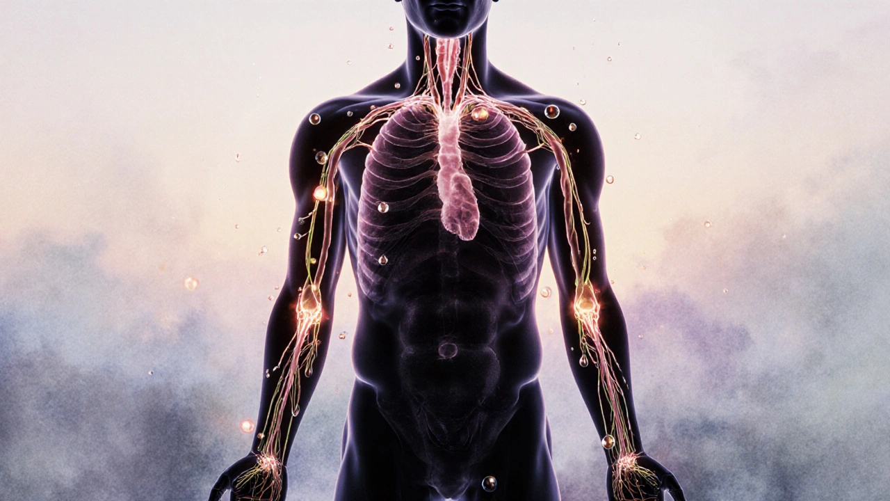 Glowing lymfatické cesty v lidském těle vedoucí k uzlům pod pažemi a krkem.