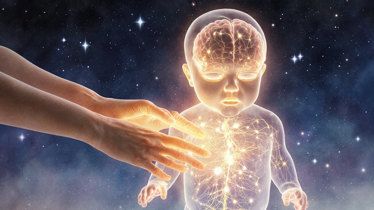 Konceptuální obrázek ukazuje, jak dotyk rodiče uvolňuje hormony a aktivuje nervové spojení u dítěte.