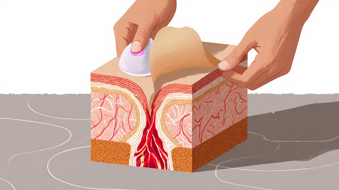 Křížový řez tkáně ukazující uvolnění fascie pod působením podtlaku.