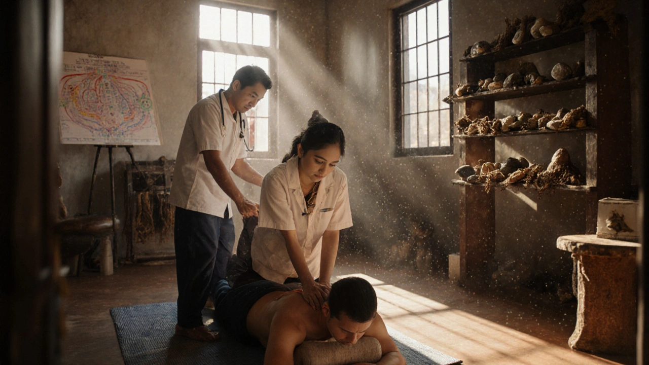 Moderní thajská lékárna s masáží, bylinami a diagramy sen linek, kombinující tradiční a současnou medicínu.