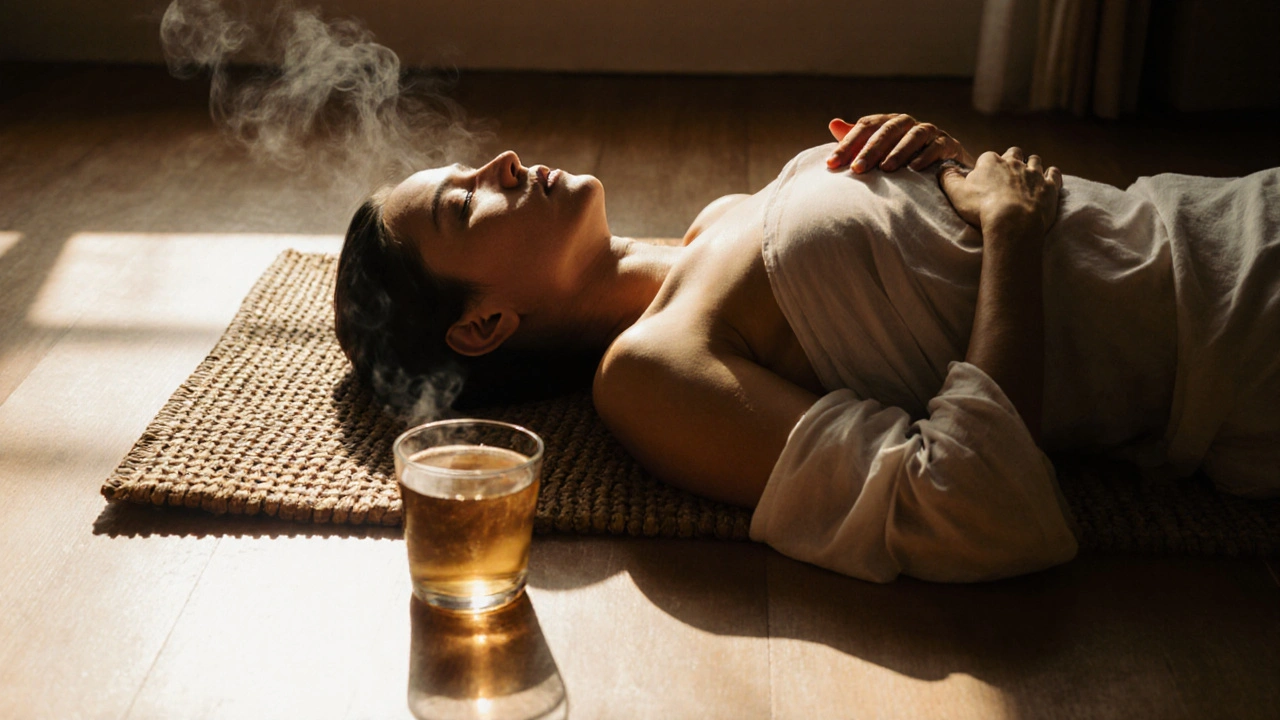 Osoba se probouzí po thajské masáži s pocitem lehkosti a klidu v ranním světle.