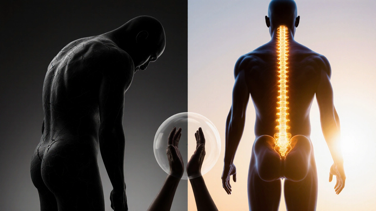 Porovnání siluety: napjaté tělo před masáží a uvolněné tělo po masáži s průtokem světla.