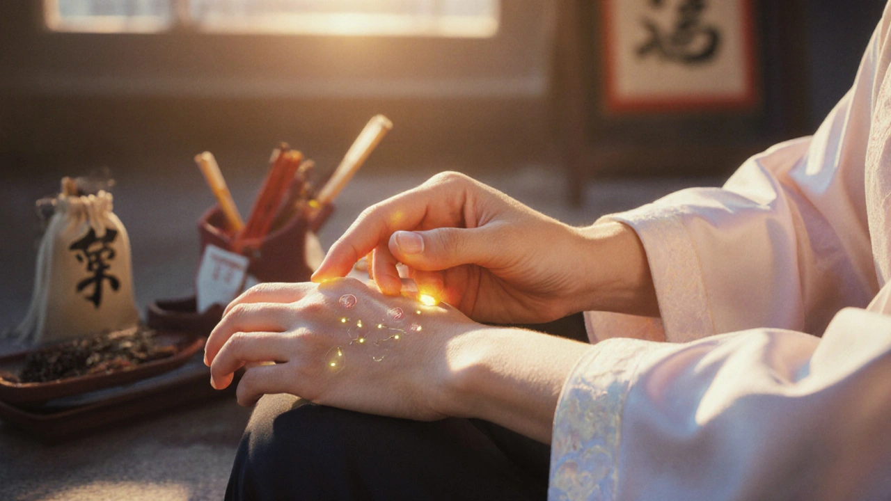 Ruce aplikují akupresuru na body He Gu a Nei Guan na předloktí.