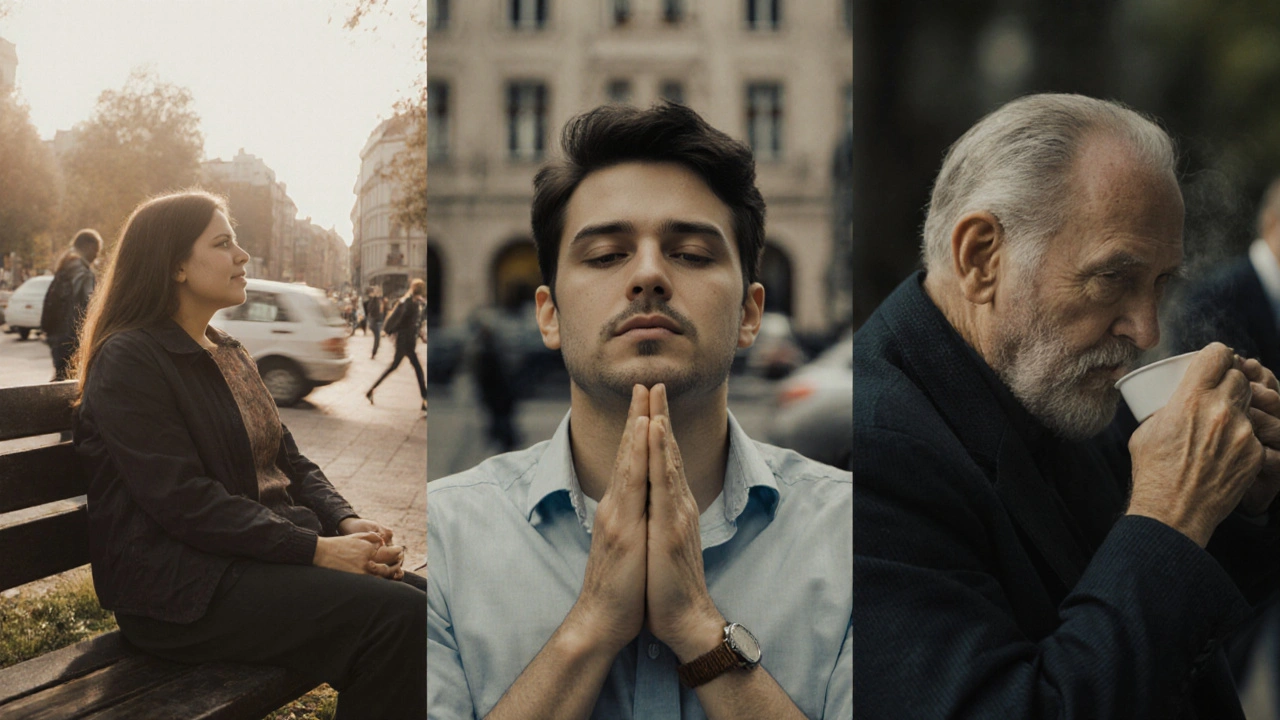 Různí lidé v klidných momentech po masáži, proti rychlému městskému pozadí.