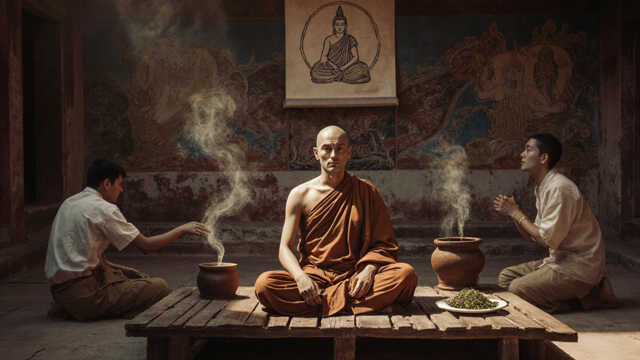 Starověký thajský lékař učí studenty tradiční masáž v chrámovém dvoře, s herbami a výkresy energetických linek.