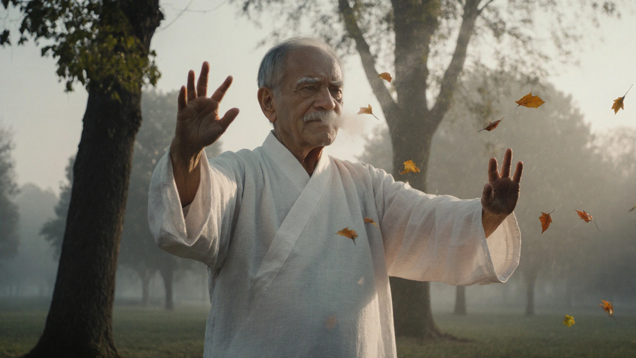 Starší osoba cvičí Qi Gong Ba Duan Jin v mlhavém parku při východu slunce.