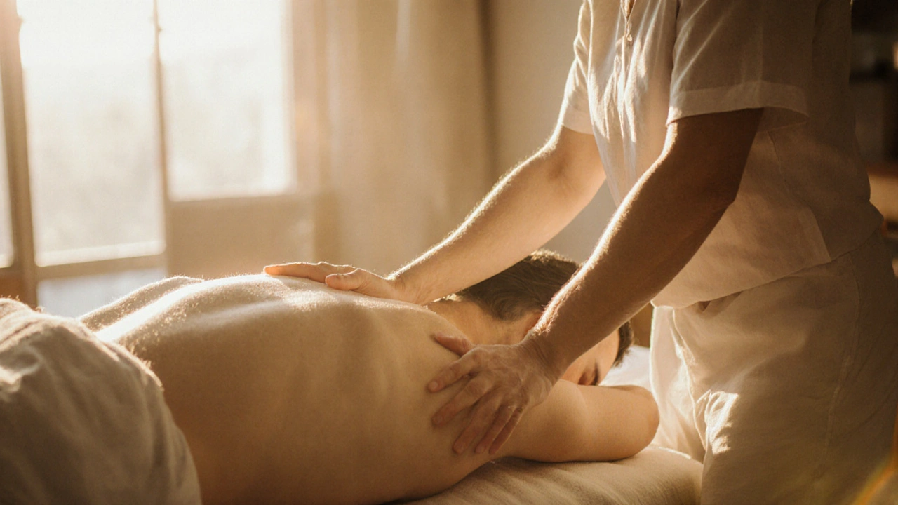 Terapeut jemně dotýká klienta ležícího v plném oděvu na masážním lůžku, klidné osvětlení.