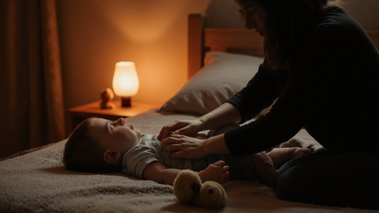Tříleté dítě leží na plátně, rodič hladí jeho záda a drží nožičku, dítě spí klidně.