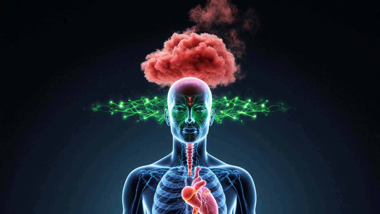 Vědecká ilustrace těla s oxytocinem a kortizolem během relaxační masáže.