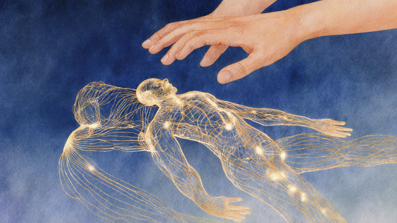 Viditelné energetické linie těla září zlatými vlákny, spojují akupresuru a jógu.