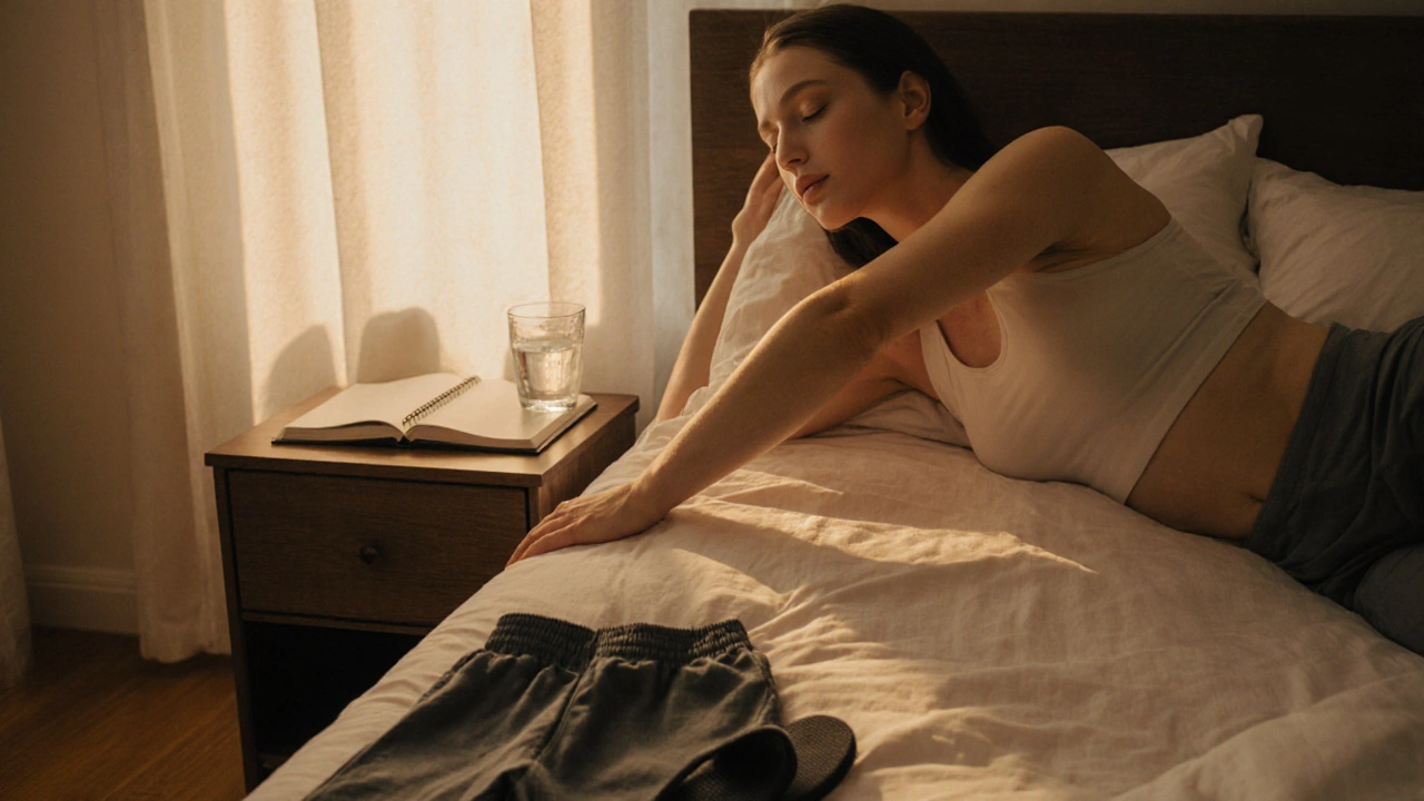 Žena se probouzí v klidu ráno, cítí se lehce a odpočatá po lymfatické masáži.