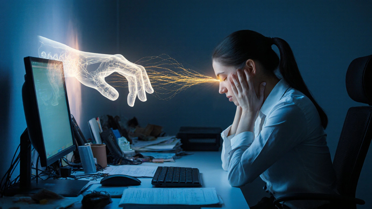 Žena v kanceláři s viditelným napětím, zatímco tajemná ruka uvolňuje stres z její páteře.