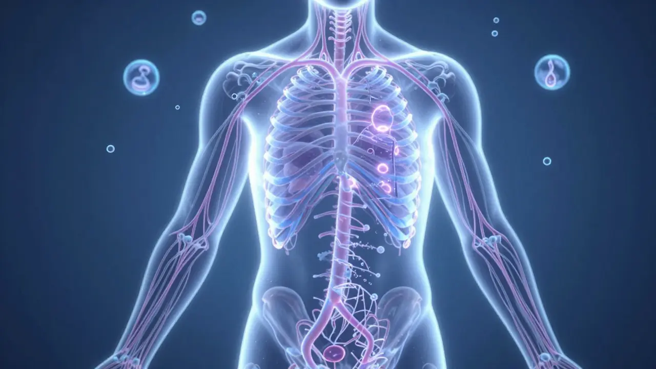 Abstraktní znázornění toku lymfy tělem jako světelných vln.