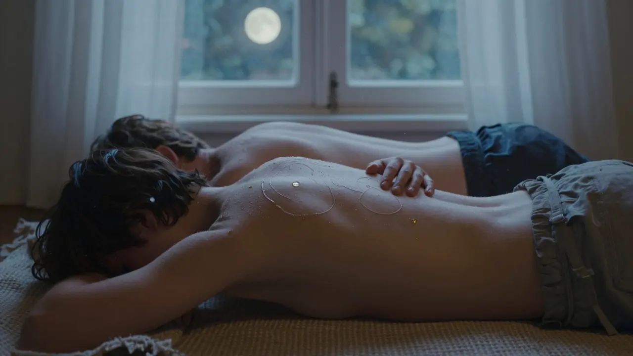 Dva partneři leží vedle sebe a dotýkají se záda v měsíčním světle.