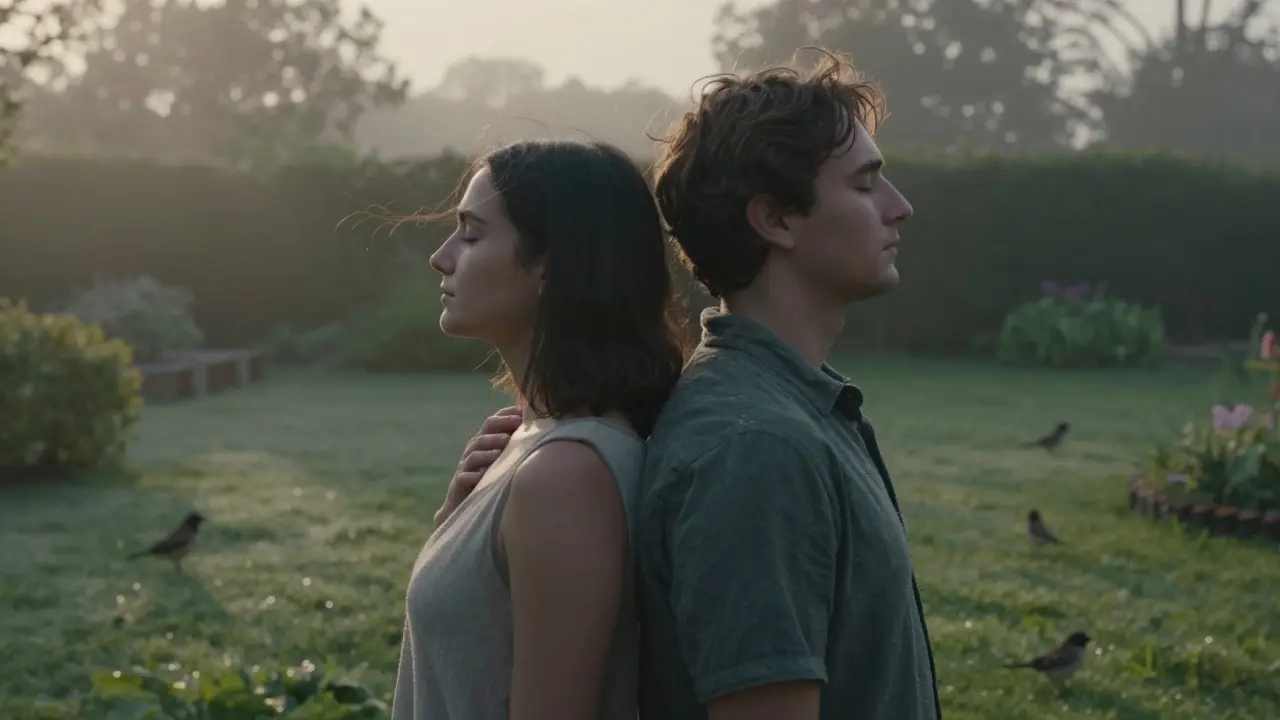 Dvojice stojí zády k sobě v zahradě na ranním světle, jedna ruka na rameni druhého.