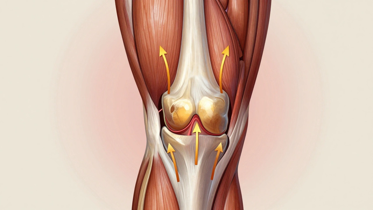 Křížový řez kolenního kloubu s ukázkou zvýšeného krevního toku způsobeného baňkováním.