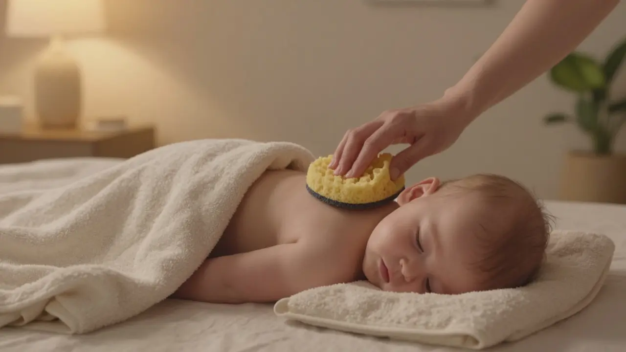 Miminko leží na teplém ručníku, zatímco rodič jemně masíruje záda přírodní houbičkou.