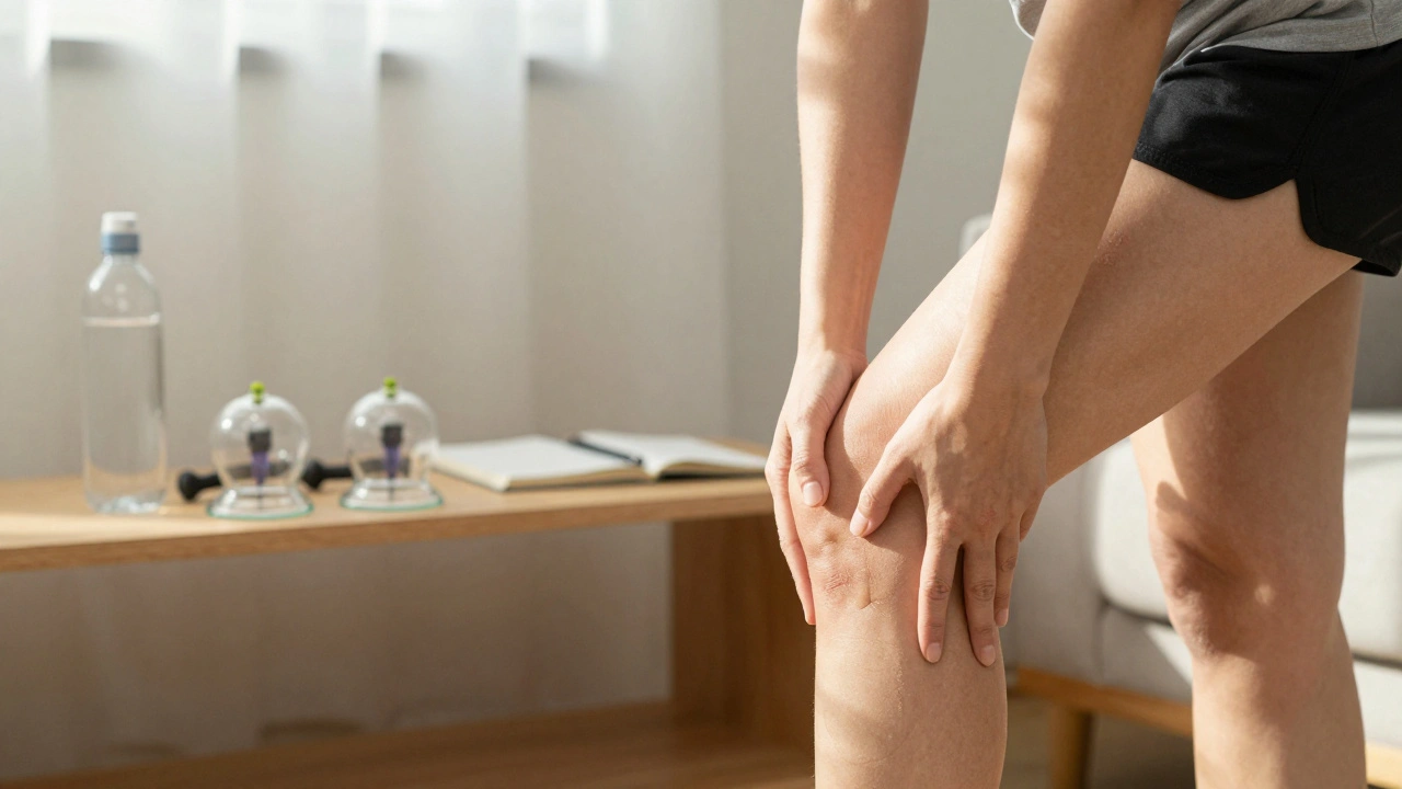 Pacient dělá jemné cvičení kolena s viditelnými značkami po baňkování a přístroji na pozadí.
