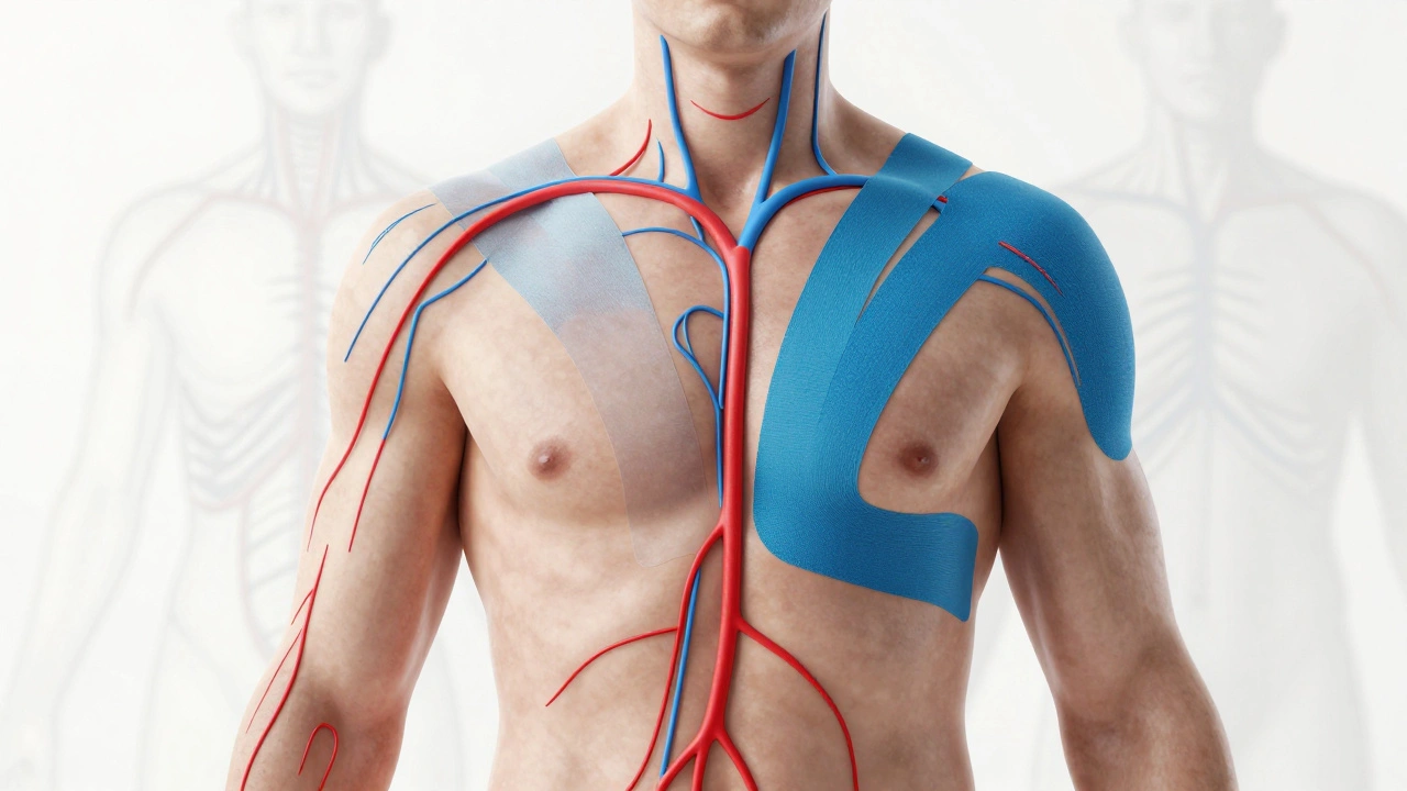 Průřez tělem ukazující, jak tejp zvedá kůži a zlepšuje cirkulaci krve a lymfy.