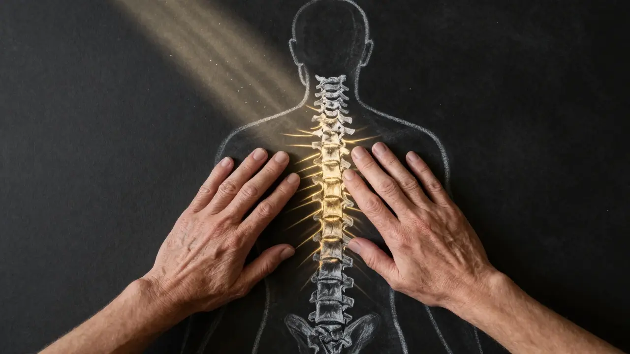 Ruce dotýkají se chalkového obrazu páteře, z něj vycházejí zlaté čáry reprezentující uvolnění napětí.