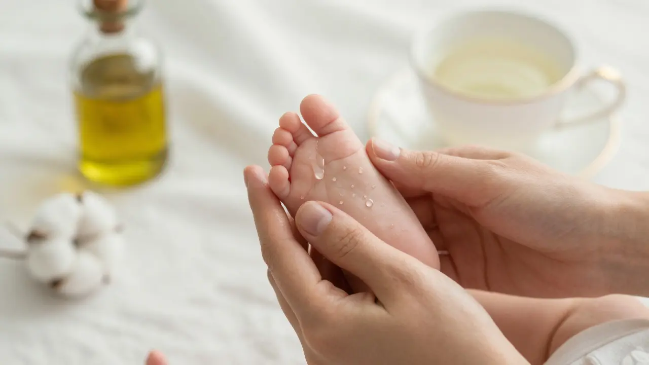 Ruce rodiče jemně drží nožičku miminka během masáže s několika kapkami oleje na kůži.