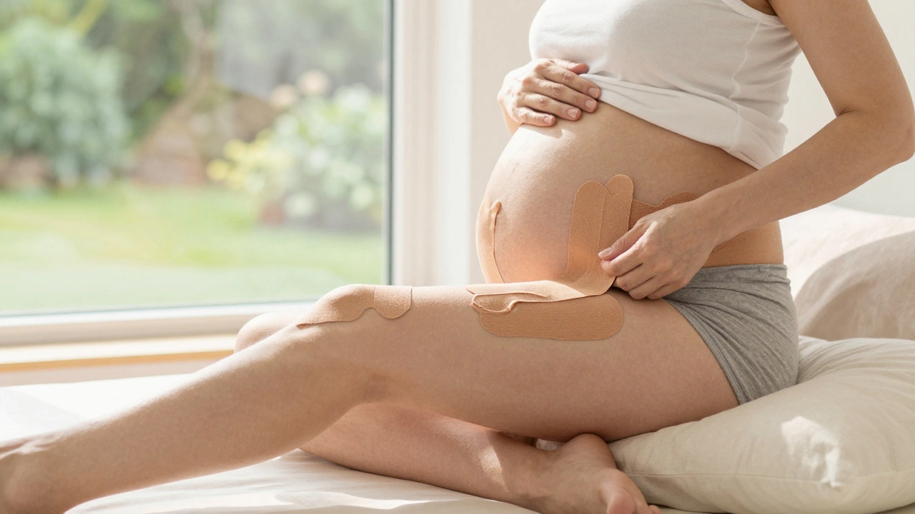 Těhotná žena s tejpem na kyčli, klidně se uvolňuje v domácím prostředí.