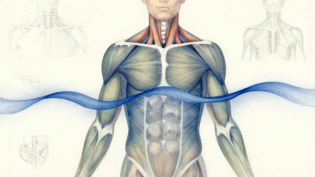 Transparenční ilustrace těla s vazbami mezi břichem a krkem, symbolizujícími léčebný proces.