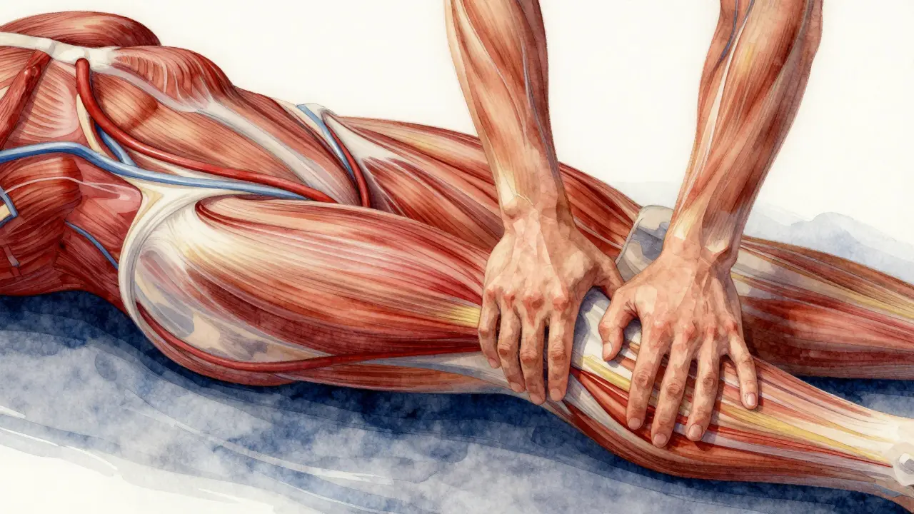 Abstraktní znázornění krevního oběhu a odstraňování mléčné kyseliny z uvolňujících se svalů během masáže.