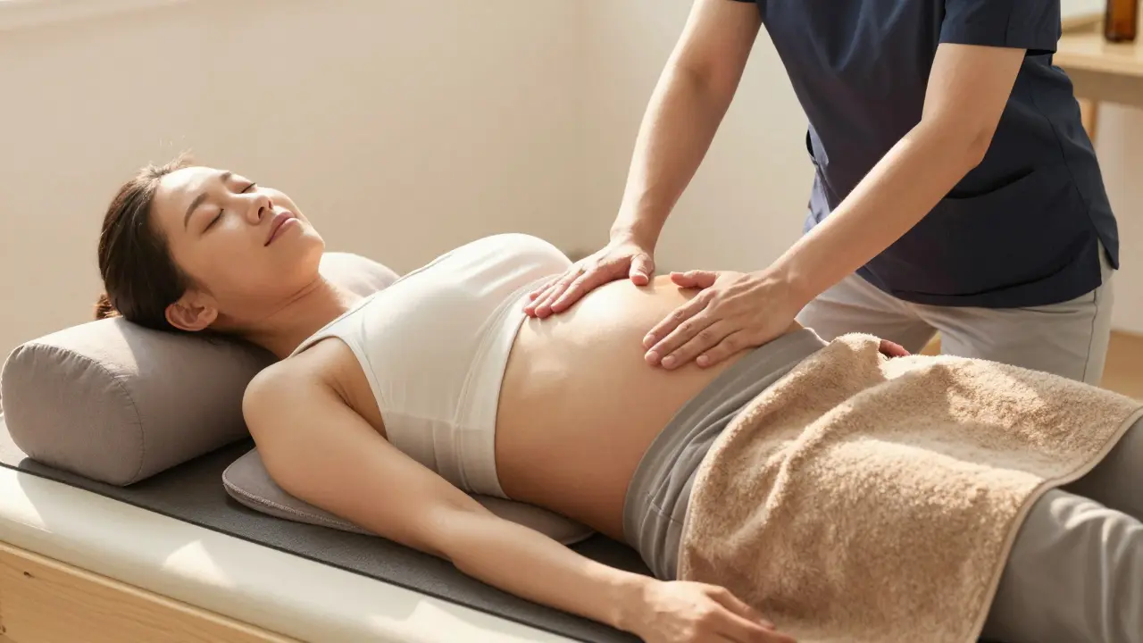 Certifikovaná masérka masíruje těhotnou ženu v bokové poloze s lehkým tlakem na zádech.