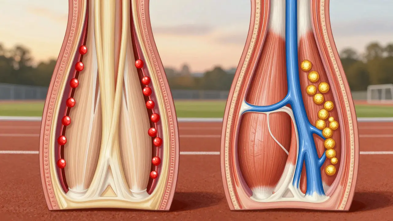 Ilustrace svalové tkáně před a po masáži: ztuhlé vazivo vs. uvolněné vlákna s zvýšeným krevním oběhem.