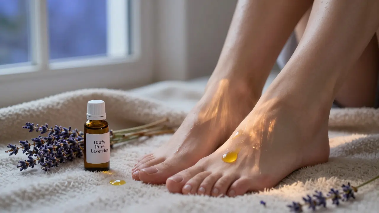 Kapky lavandového oleje na chodidlech po nočním rituálu obnovy.