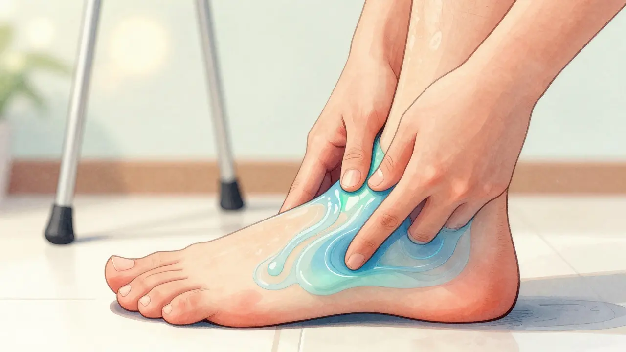 Lymfatická drénáž na otoklém kotníku po zlomenině s vize průtoku tekutin.