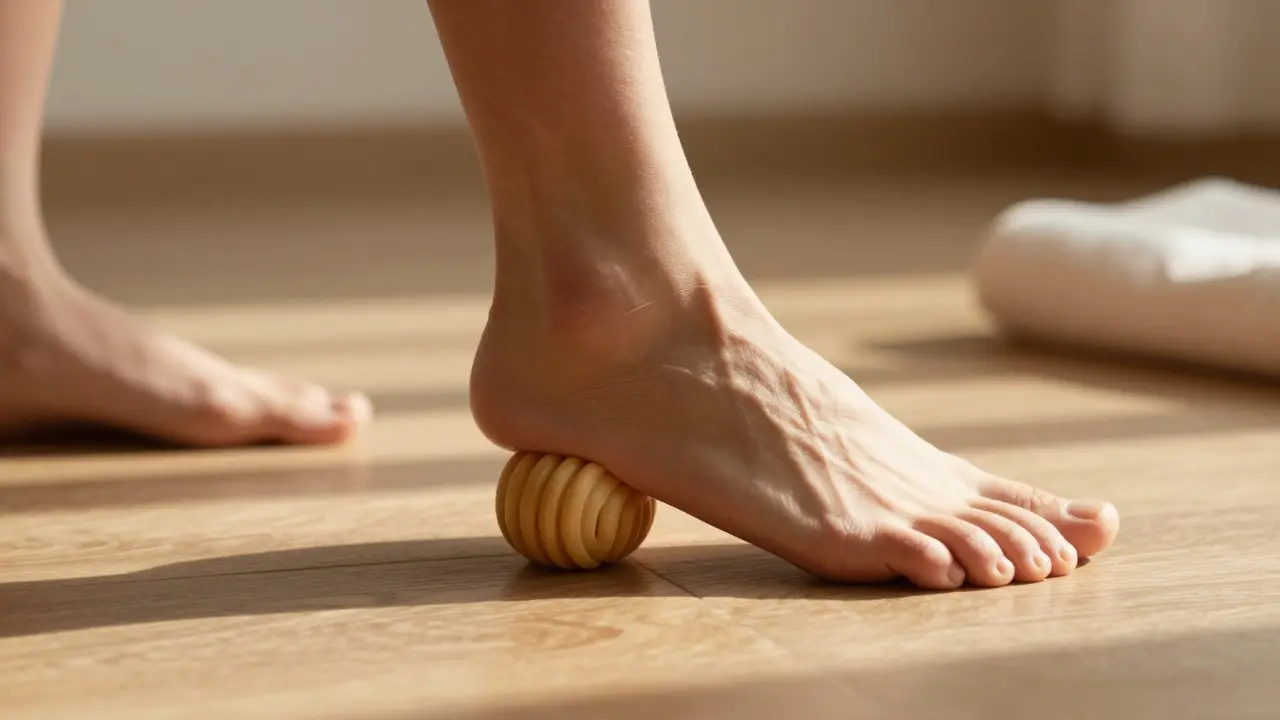 Masážní koule se valí pod chodidlem pro uvolnění fascie.