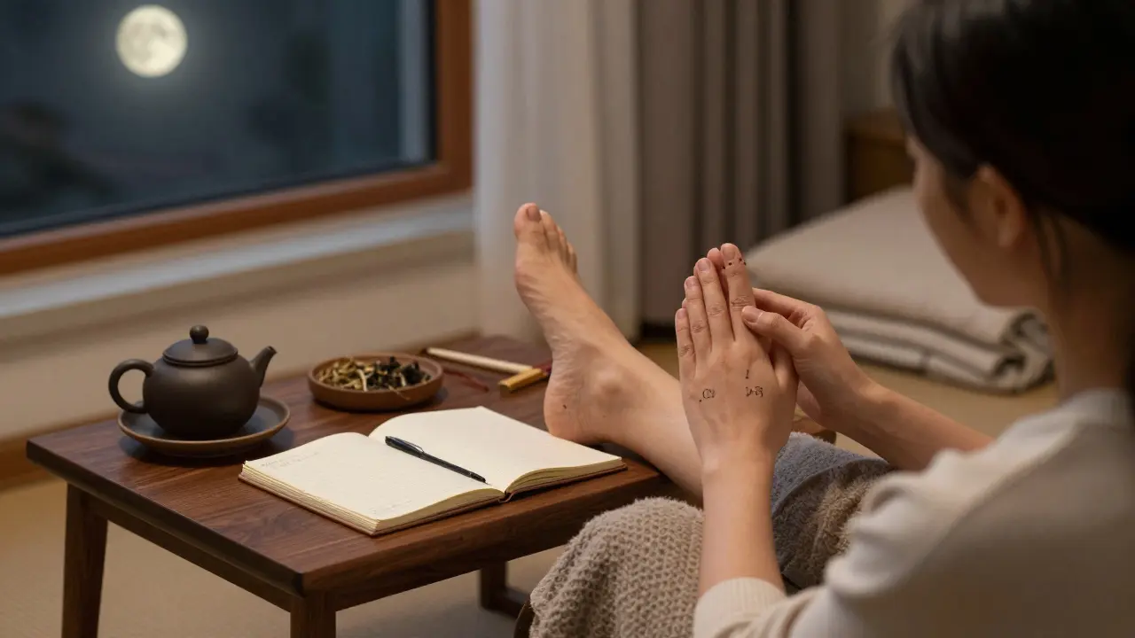 Osoba si doma samostatně masíruje klíčové akupresurní body před spaním ve tmy.