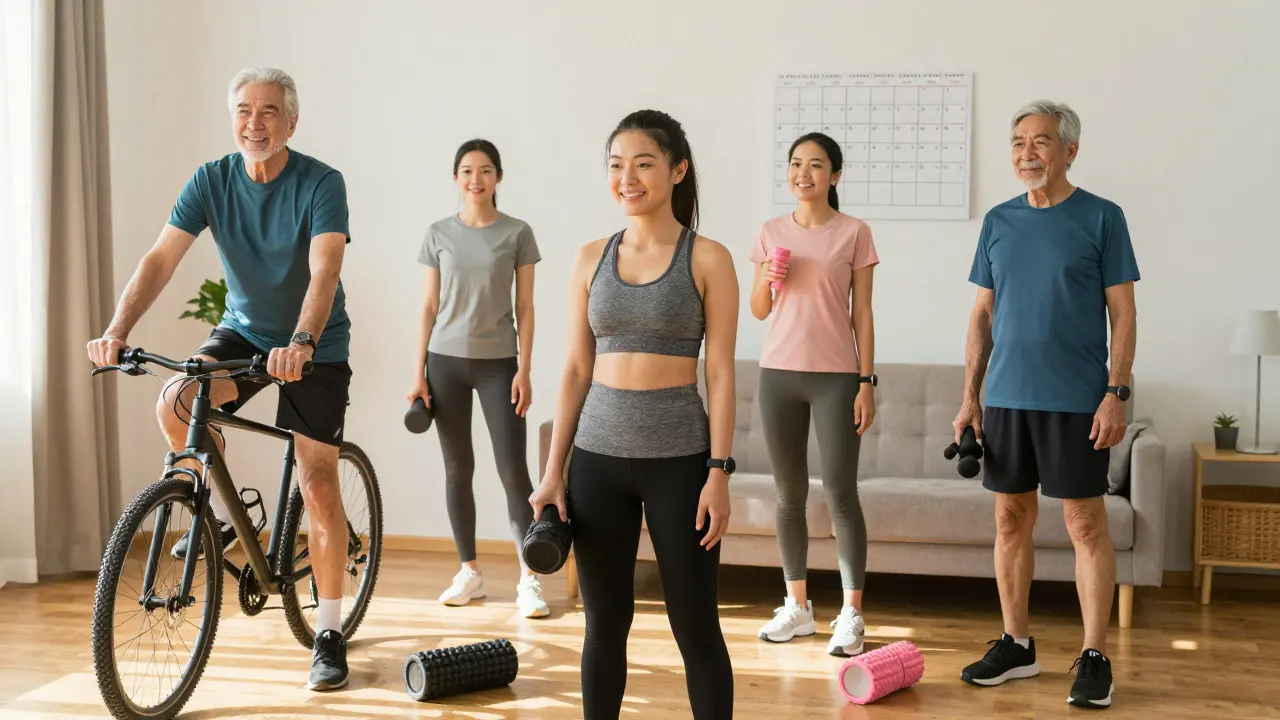 Různí sportovci používají masážní nástroje doma, symbolizující pravidelnou péči o tělo.