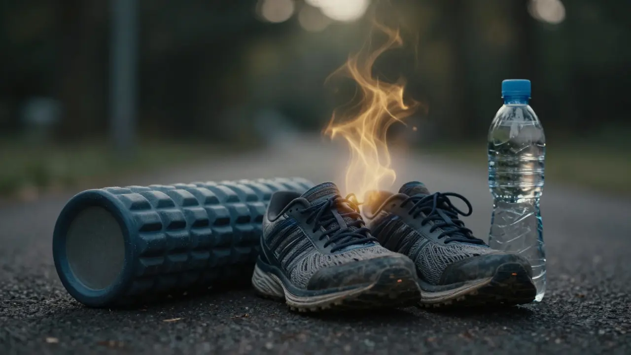 Znovuobnovená síla symbolizovaná září z běžeckých bot, vedle nich foam roller a voda, klidné ráno.
