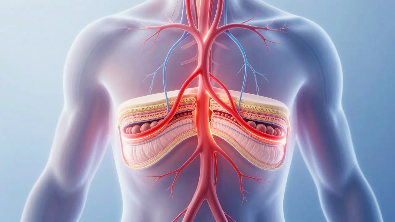 Ilustrace průřezu těla ukazující zlepšený krevní oběh a pohyb lymfy při vakuoterapii.