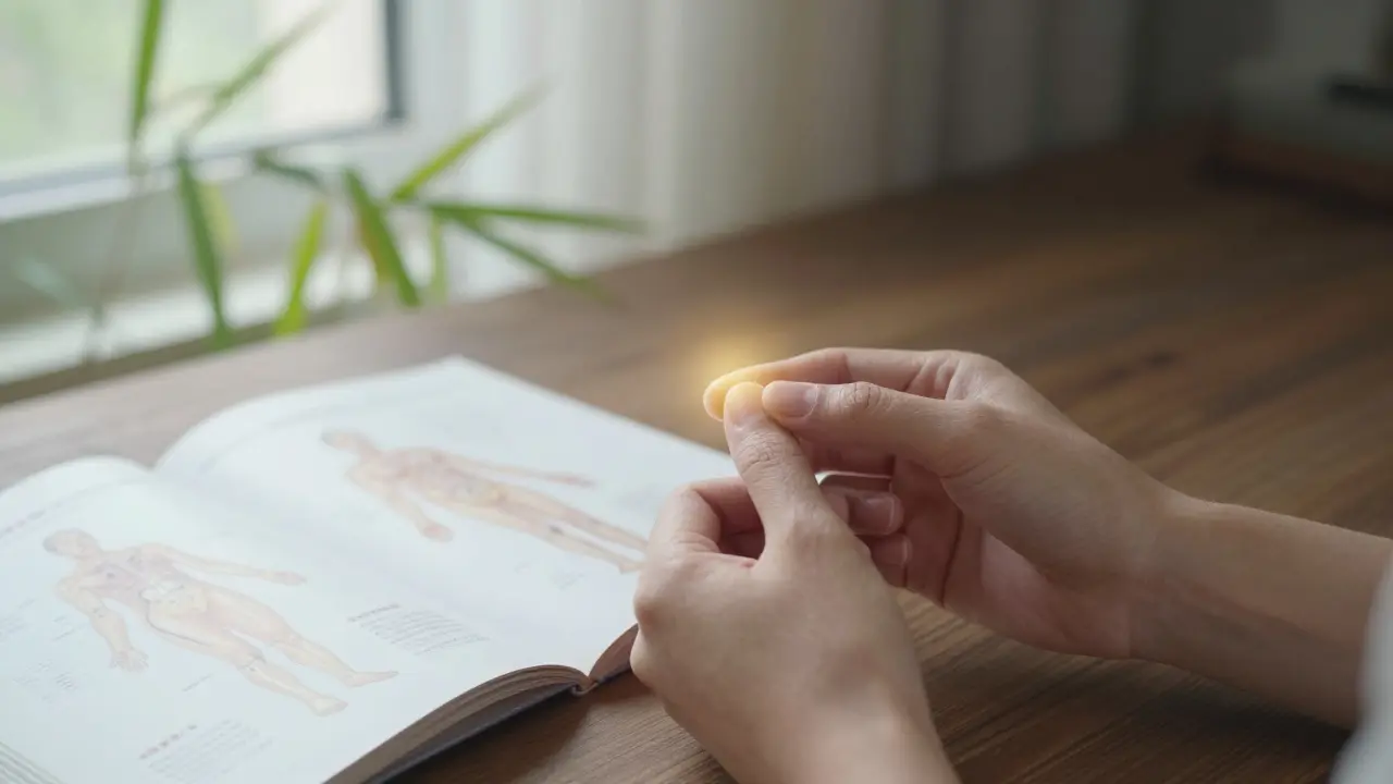 Osoba tlačí na akupresurní bod mezi palcem a ukazováčkem doma při klidném prostředí s přírodním osvětlením.