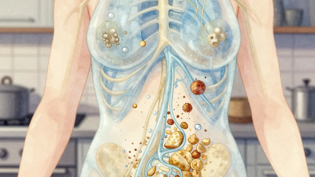 Přehled lidského trupu s průhlednými lymfatickými cestami a proudy tekutiny od břicha k podpažím.