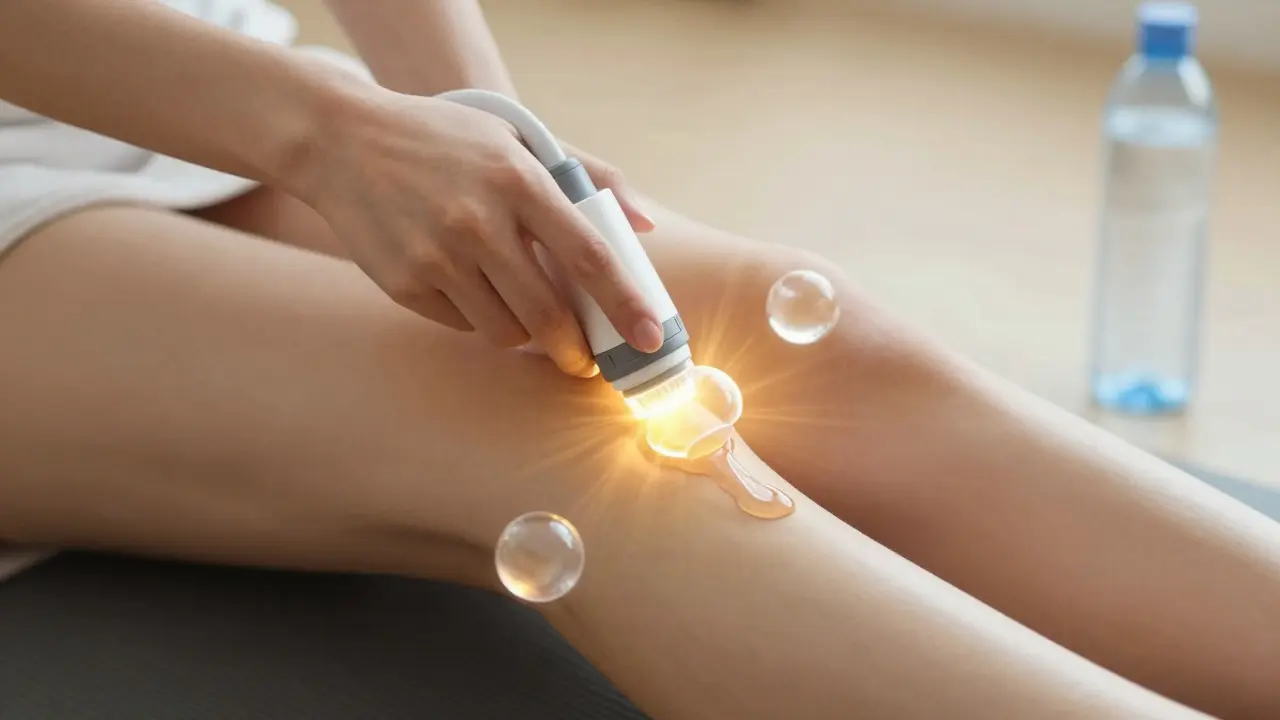 Ruce aplikují vakuoterapii na stehno, kolem ní plavají koule symbolizující uvolnění tekutin.