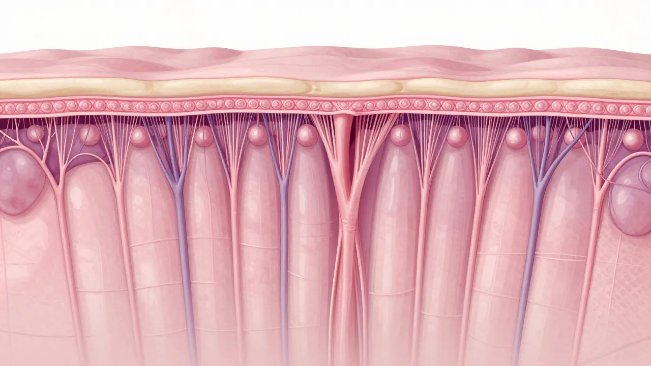 Umělecké znázornění podkožní tkáně s kolmými pojivovými vlákny tlačícími tukové buňky vzhůru.