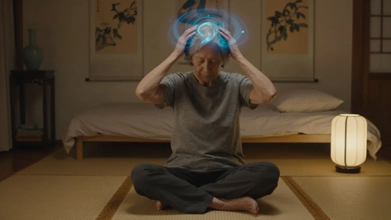 Žena jemně masíruje hlavu sedět na podlaze, s jemnými energetickými vlnami vyzařujícími z rukou.
