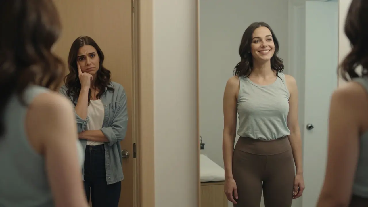 Žena před a po anticelulitidní masáži: od pochybnosti k sebevědomí.