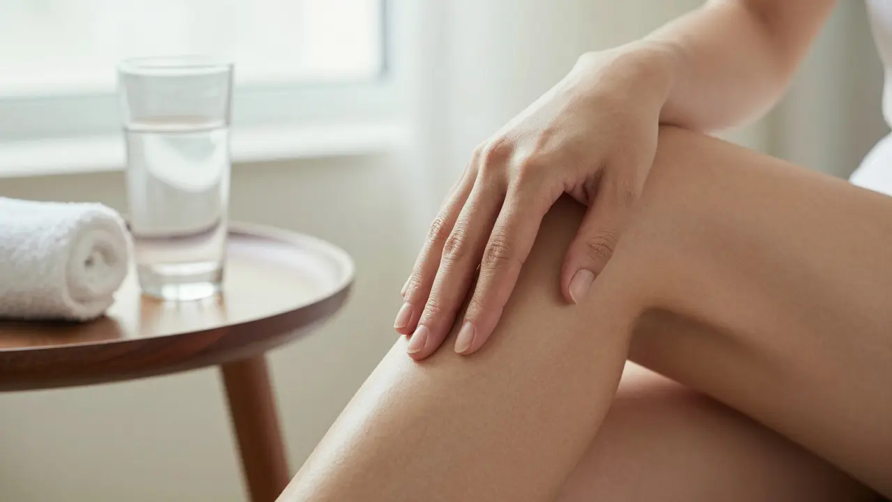 Žena se dotýká své nohy po masáži, na stole leží sklenice vody a ručník.