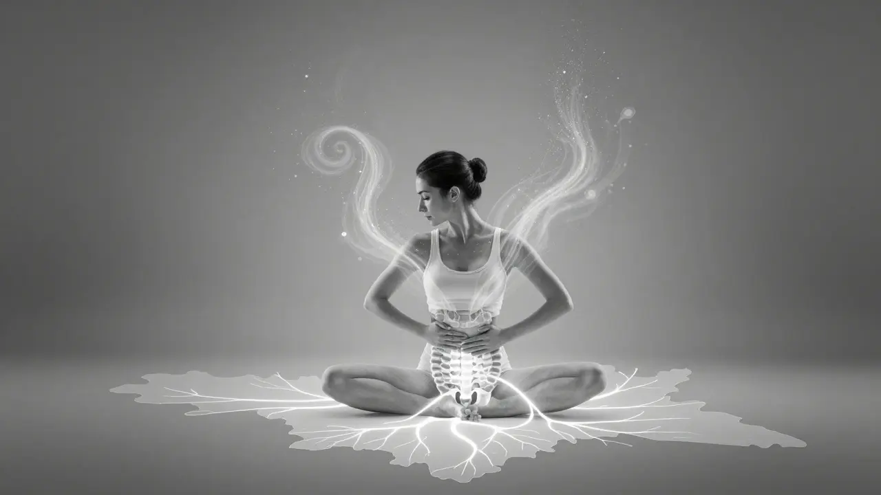 Žena v klidné poloze s proužky částic odvádějících toxiny z břišní oblasti.