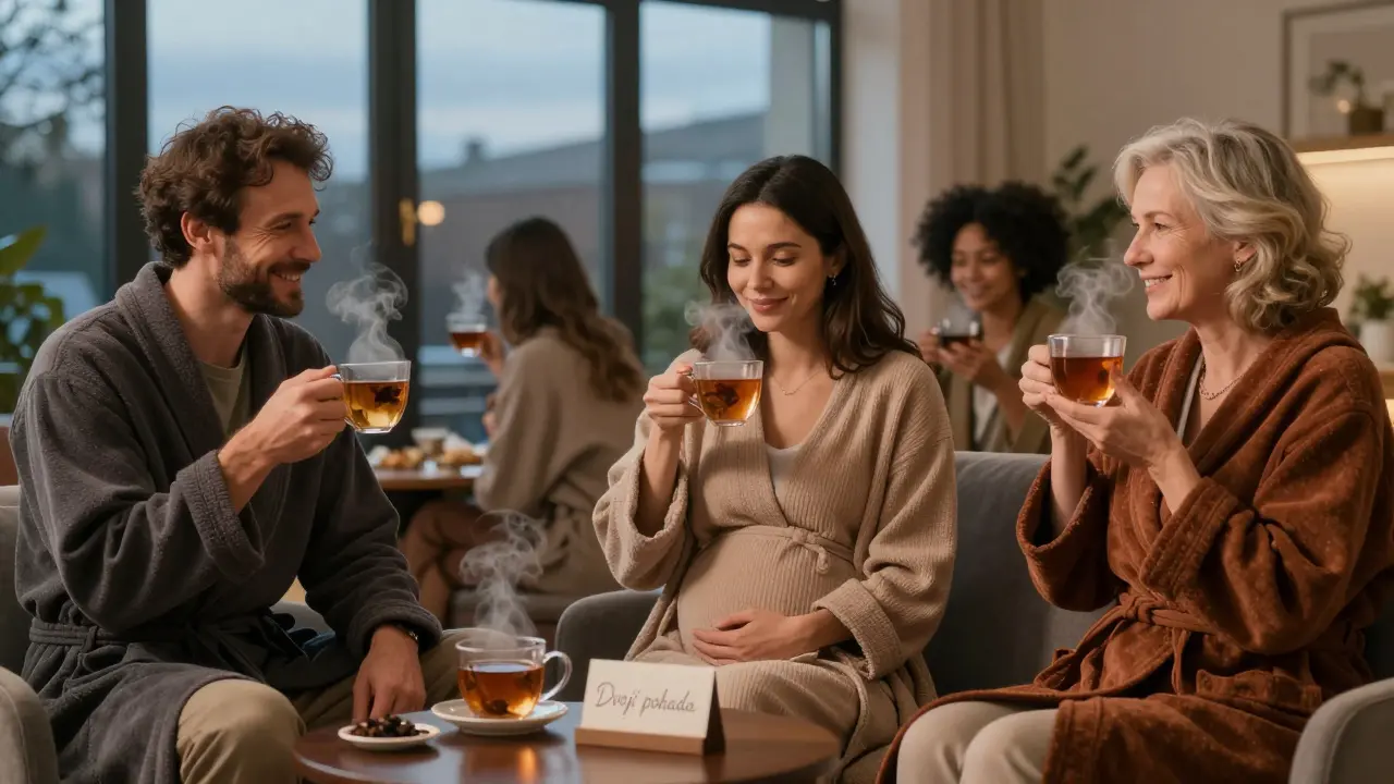 A diverse group of people relaxing in robes, sipping tea after a chocolate massage in a quiet lounge.