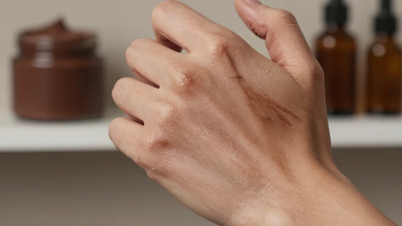 Close-up of radiant, dewy skin with a subtle cocoa sheen after a chocolate massage.